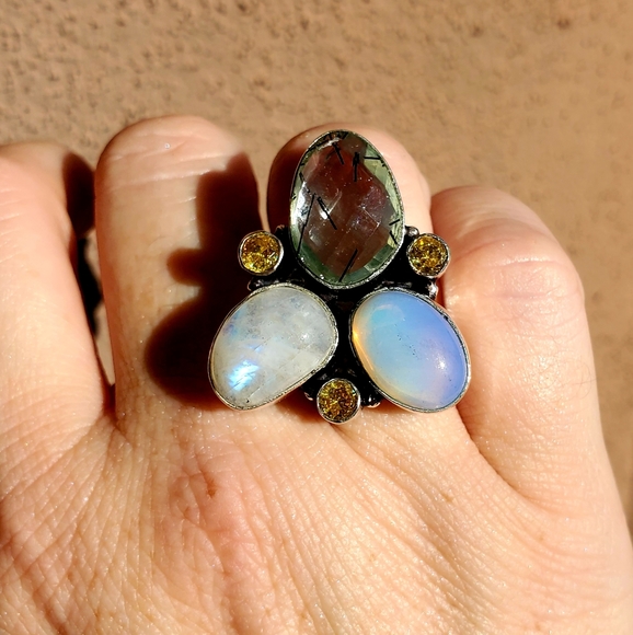 New Rutile Quartz, Opalite, Citrine & Rainbow Moonstone 925 Silver Ring. - Picture 5 of 14